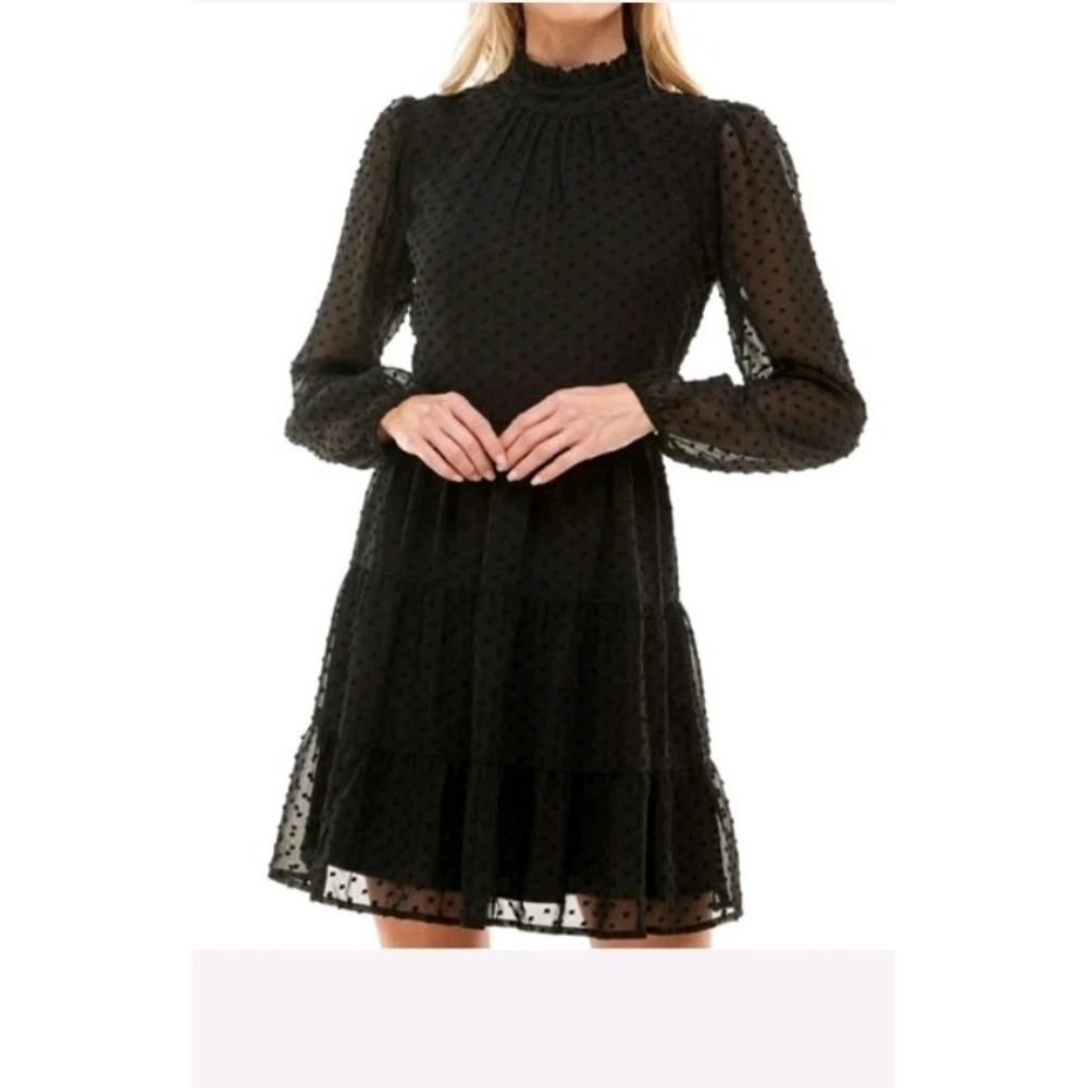 Trixxi Swiss Dot Mini Dress Women M Black Tiered Long Sleeve Sheer Back Grunge